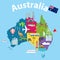 Map of Australia, tourist map of Australia. Cartoon map of Australia with animals
