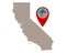 Map of California and pin with earthquake symbol