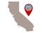 Map of California and pin with earthquake symbol