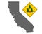 Map of California and pin with fire warning