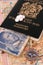 Map, compass, African money, passport and Tablets