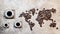 Map of continents from coffee beans on a wooden background