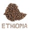 Map of Ethiopia made of roasted coffee beans isolated on white background.