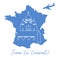 Map of France, bridge, tower, basilica, plane. Travel and leisure