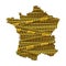 Map of France filled with Warning coronavirus yellow and black stripes