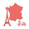 Map of France, tower, bicycle.