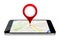 Map GPS navigation, Smartphone map application and red pinpoint on screen,