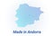 Map icon of Andorra. Vector logo illustration with text Made in Andorra. Blue halftone dots background. Round pixels. Modern