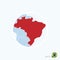 Map icon of Brazil. Blue map of Europe with highlighted Brazil in red color