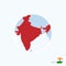 Map icon of India. Blue map of South Asia with highlighted India in red color