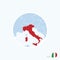 Map icon of Italy. Blue map of Europe with highlighted Italy in red color