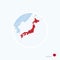 Map icon of Japan. Blue map of East Asia with highlighted Japan in red color