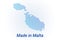 Map icon of Malta. Vector logo illustration with text Made in Malta. Blue halftone dots background. Round pixels. Modern digital