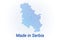 Map icon of Serbia. Vector logo illustration with text Made in Serbia. Blue halftone dots background. Round pixels. Modern digital