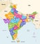 Map of India with neighbouring countries and territories. Indian map colored by states and showing districts boundaries inside eac