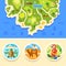 Map of island, ocean with animals emblems