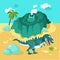 Map of island with volcano and dinosaur. Predatory animal Tyrannosaurus rex. Scene, background for games, design