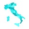 Map of Italy divided into 20 administrative regions in four shades of azure blue. White labels. Simple flat vector