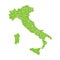 Map of Italy divided into 20 administrative regions. Green land, white borders and white labels. Simple flat vector
