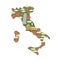 Map of Italy. Traditional Italian food symbols: Pizza and pasta. National landmarks of country: leaning tower of Pisa, Colosseum