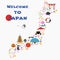 Map of Japan vector illustration, design. Icons with Japanese gate, animals