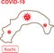 Map of Kochi labeled COVID-19. Brown outline map on a white background.