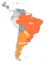 Map of MERCOSUR countires. South american trade association. Orange highlighted member states Brazil, Paraguay, Uruguay