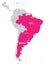 Map of MERCOSUR countires. South american trade association. Pink highlighted member states Brazil, Paraguay, Uruguay