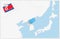 Map of North Korea with a pinned blue pin. Pinned flag of North Korea