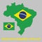 Map outline of Brazil, a green field with the large yellow diamond and blue globe with National Motto and star.