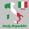 Map outline country shaped like a boot and flag of Italy, It is A vertical tricolor of green, white and red.