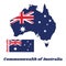 Map outline and flag of Australia in blue red and white color with white star and Union Jack.