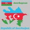 Map outline and flag of Azerbaijan, a horizontal tricolor of blue, red, and green, with a white crescent and an star centered.