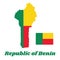 Map outline and flag of Benin, A horizontal bicolor of yellow and red with a green vertical band at the hoist.