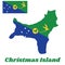 Map outline and flag of Christmas Island, Blue and green diagonal color with white star, a golden bosun bird in gold.