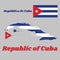 Map outline and flag of Cuba, Five horizontal stripes of blue and white with the red equilateral triangle bearing the white star.