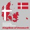 Map outline and flag of Denmark, it is red with a white Scandinavian cross that extends to the edges of the flag.