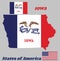 Map outline and flag of Iowa, a vertical tricolor of blue white and red and the image of a bald eagle with a long ribbon