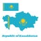 Map outline and flag of Kazakhstan, A gold sun above golden steppe eagle on blue field. ornamental pattern in gold.
