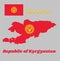 Map outline and flag of Kyrgyzstan, a red field charged with a yellow sun with forty uniformly spaced rays; the sun.