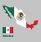 Map outline and flag of Mexico and the country name, a vertical tricolor of green white and red with the nation Coat of Arms