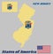 Map outline and flag of New Jersey. The state coat of arms on buff color, the states of America