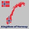 Map outline and flag of Norway, a white-fimbriated blue Nordic cross on a red field.