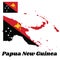 Map outline and flag of Papua New Guinea, triangle is red with the soaring Raggiana Bird and triangle is black with star.