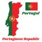 Map outline and flag of Portugal, a 2:3 vertically striped bicolor of green and red, with the coat of arms of Portugal center.