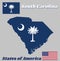Map outline and flag of South Carolina, White palmetto tree on an indigo field. The canton contains a white crescent.