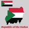 Map outline and flag of Sudan, A horizontal tricolor of red, white, and black; with a green triangle based at the hoist.