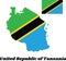 Map outline and flag of Tanzania, A yellow-edged black diagonal band: the upper triangle is green and the lower triangle is blue.