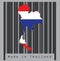 Map outline and flag of Thai in blue red and white color on the black barcode with grey background, text: Made in Thailand.