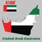 Map outline and flag of UAE, a A horizontal tricolor of green, white and black with a vertical one fourth width red bar.